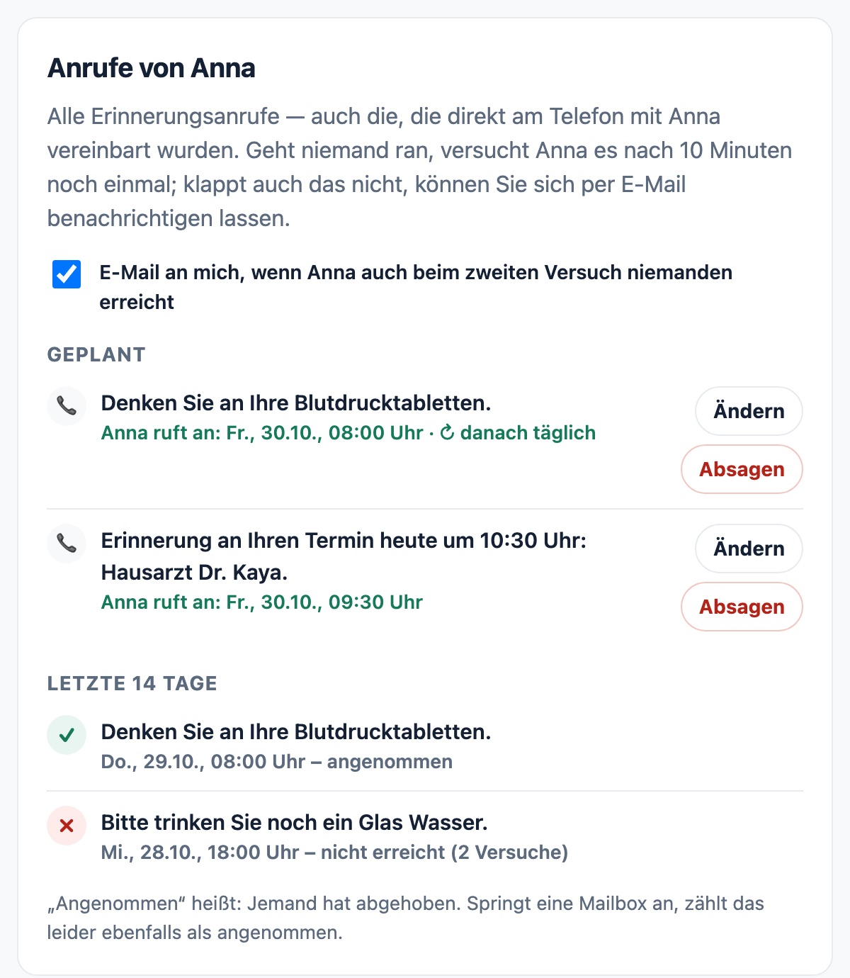 Karte „Anrufe von Anna“: geplante Erinnerungsanrufe mit Ändern und Absagen, darunter ein angenommener und ein nicht erreichter Anruf.